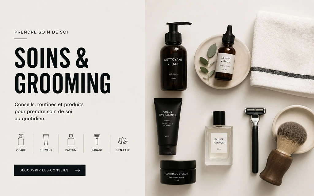 Accessoires de grooming homme avec rasoir de sûreté, parfum et produits de soin masculins dans une ambiance élégante et minimaliste.
