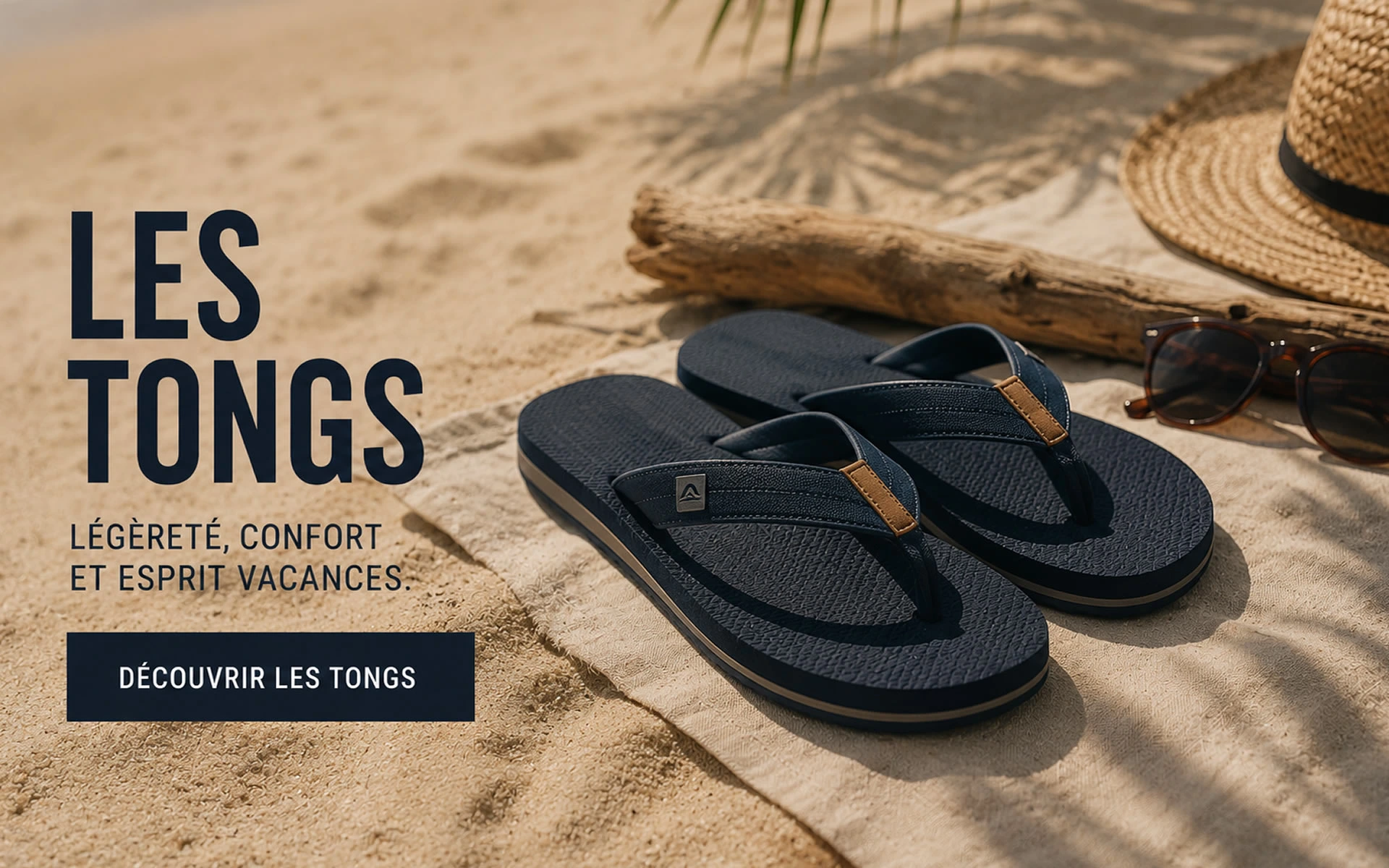 Tongs homme confortables esprit vacances Paire de tongs homme bleu marine posée sur le sable avec un chapeau et des lunettes de soleil dans une ambiance estivale.
