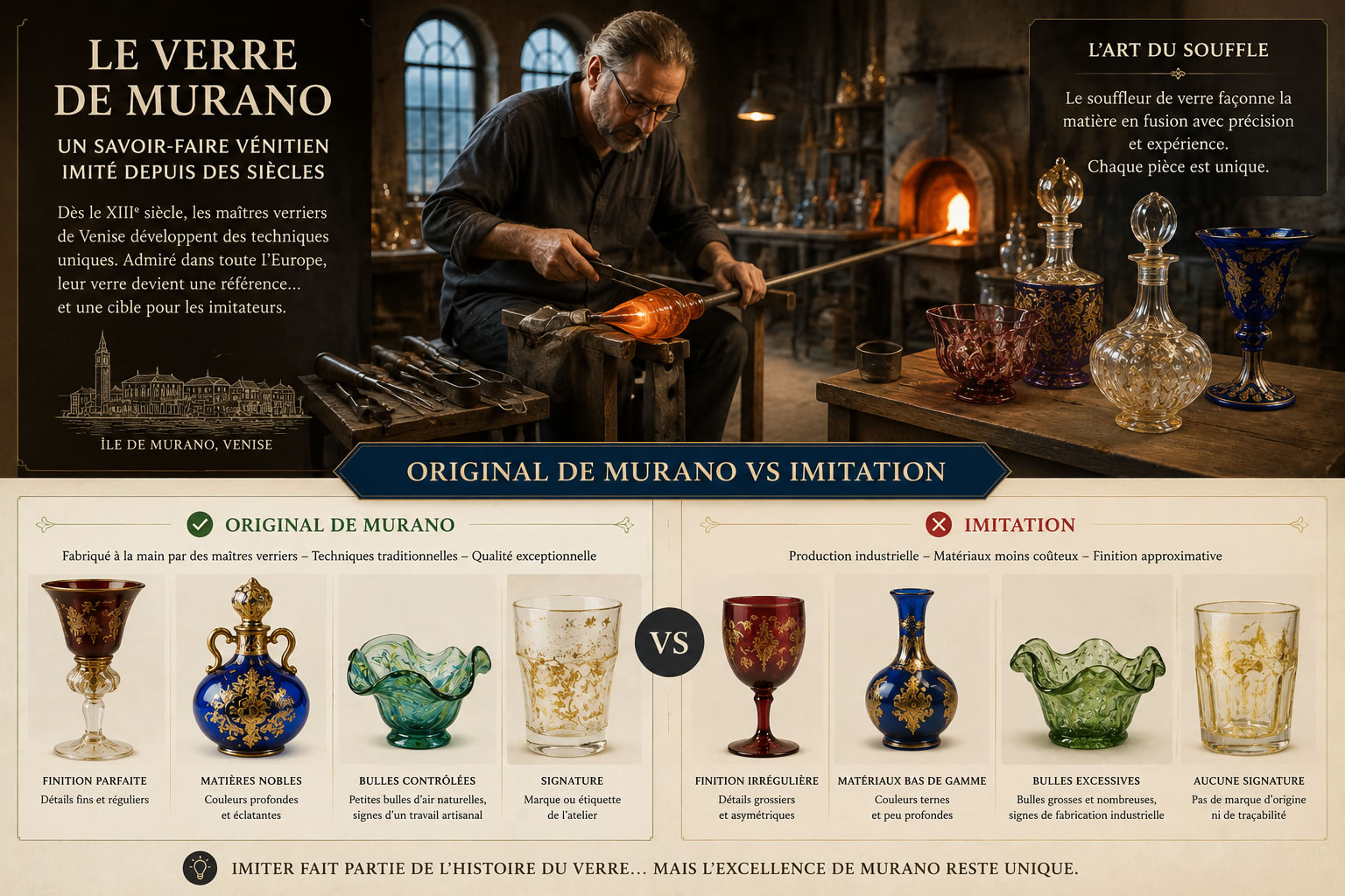 Atelier de Murano : comparaison entre un verre vénitien authentique et une imitation Souffleur de verre dans un atelier de Murano à Venise avec comparaison entre un verre vénitien authentique et une imitation illustrant l'histoire de la contrefaçon artisanale.