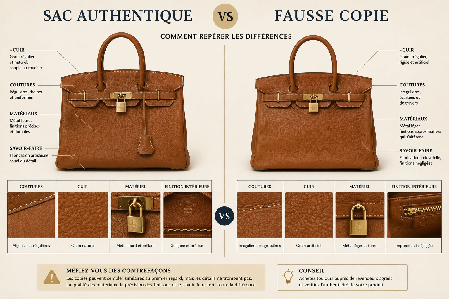 Sac authentique vs fausse copie : comment reconnaître une contrefaçon de produit de luxe Exemple de produits de luxe copiés par les contrefacteurs avec comparaison entre un sac authentique et une fausse copie montrant les différences de qualité, de finitions et de fabrication.