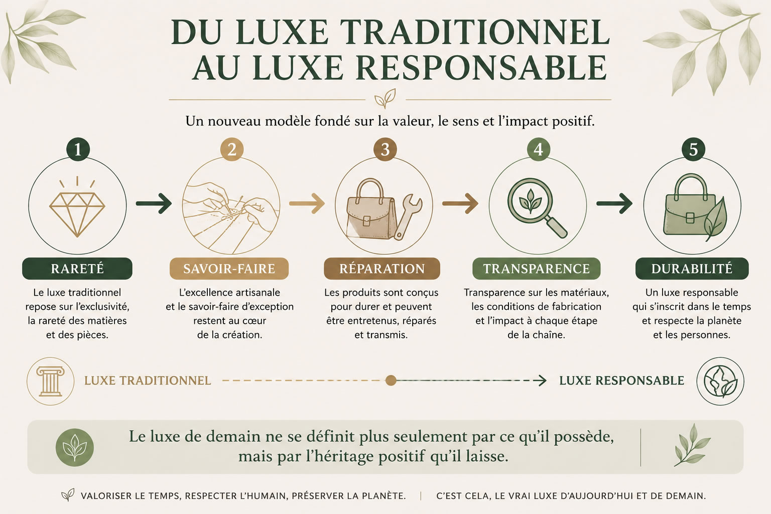 Du luxe traditionnel au luxe responsable : évolution vers un modèle durable Frise chronologique illustrant l'évolution du luxe traditionnel vers le luxe responsable à travers cinq étapes : rareté, savoir-faire, réparation, transparence et durabilité.