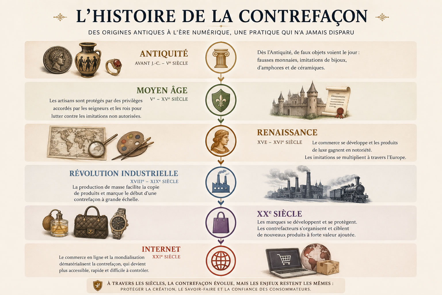 Frise historique de la contrefaçon : de l'Antiquité à Internet Frise chronologique illustrant l'histoire de la contrefaçon, de l'Antiquité au Moyen Âge, à la Renaissance, à la Révolution industrielle, au XXe siècle et à l'ère d'Internet.