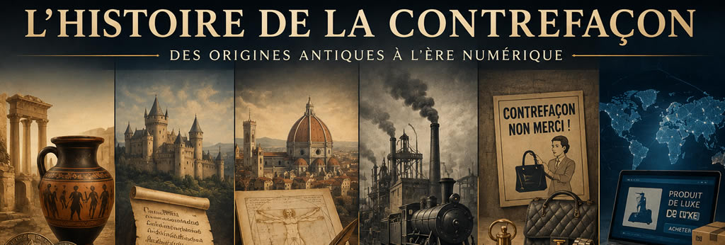Frise chronologique illustrant l'évolution de la contrefaçon depuis l'Antiquité jusqu'à l'ère d'Internet avec des objets, des produits de luxe et des symboles représentant chaque grande période historique.