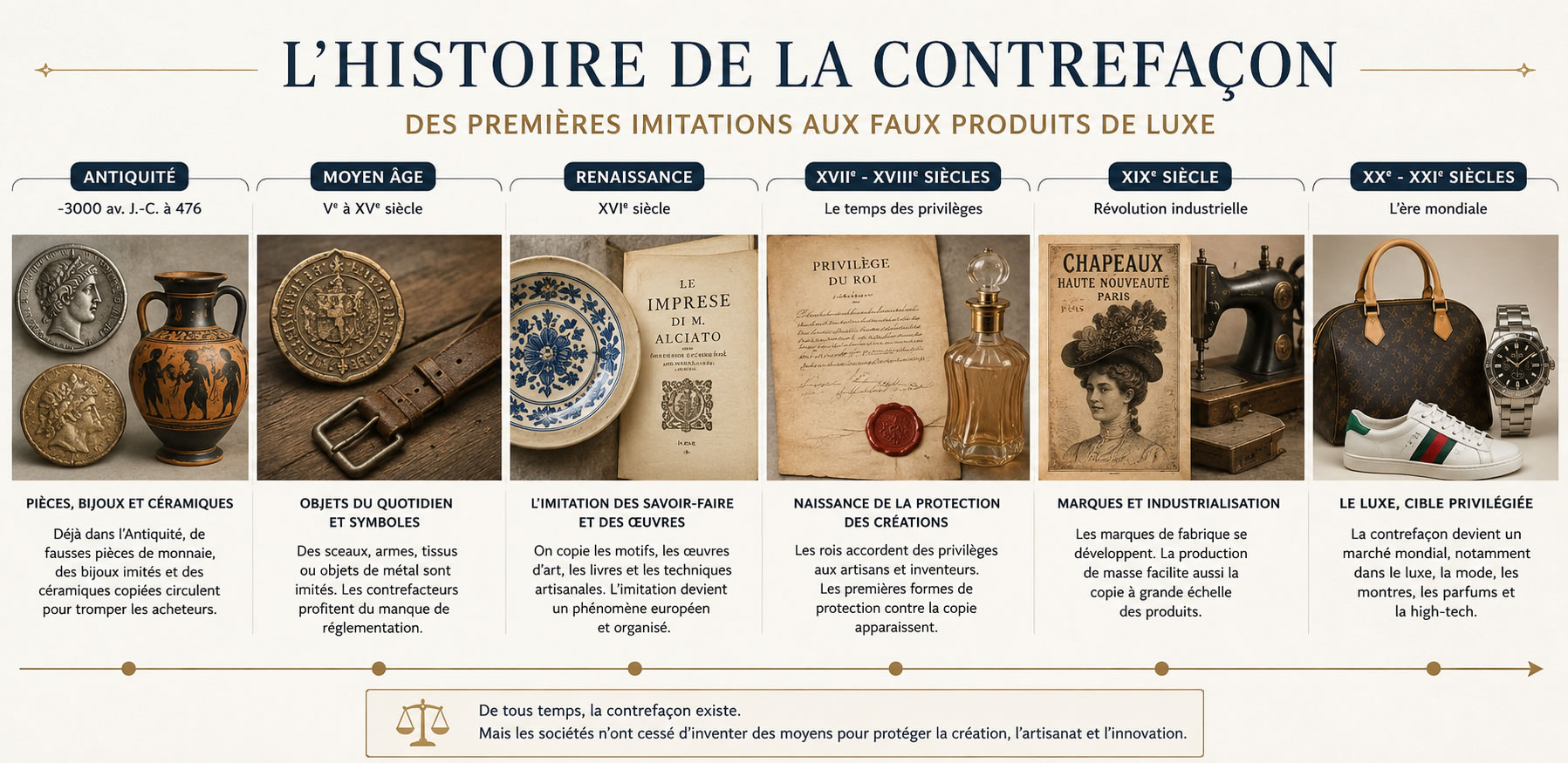 Histoire de la contrefaçon : frise chronologique des premières imitations aux faux produits de luxe Frise chronologique illustrant l'histoire de la contrefaçon, des premières imitations de l'Antiquité aux faux produits de luxe modernes comme les sacs, montres et chaussures de grandes marques.