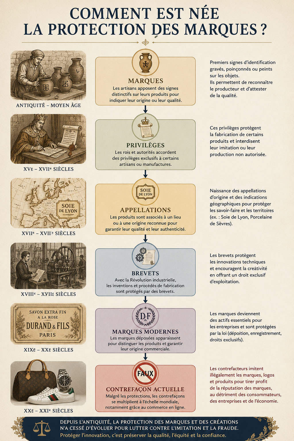 Comment est née la protection des marques ? De l'Antiquité aux marques modernes Infographie retraçant l'évolution de la protection des marques, des premiers signes distinctifs de l'Antiquité aux marques modernes, en passant par les privilèges, les appellations, les brevets et la lutte contre la contrefaçon.