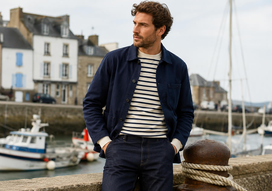 Homme en vêtements Made in France au style marin et workwear Homme portant une marinière, une veste workwear bleu marine et un jean brut dans un port breton, illustration du style Made in France et de la mode masculine française.