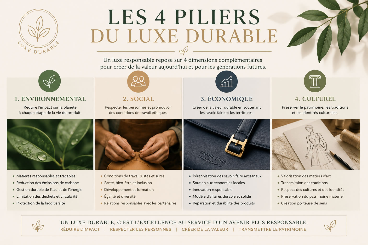 Luxe durable vs greenwashing : comment faire la différence ? Infographie comparant le luxe durable et le greenwashing, avec les principales différences entre des preuves concrètes d'engagement environnemental et social et un discours marketing vague sans éléments vérifiables.