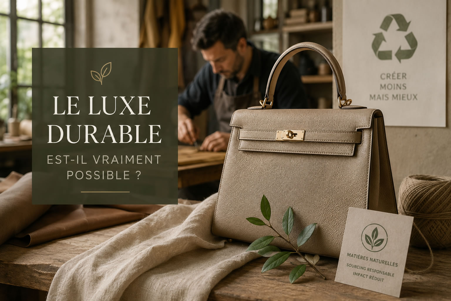 Artisanat, matériaux durables et luxe responsable Sac de luxe fabriqué dans un atelier artisanal avec des matériaux naturels illustrant les enjeux du luxe durable et de la mode responsable