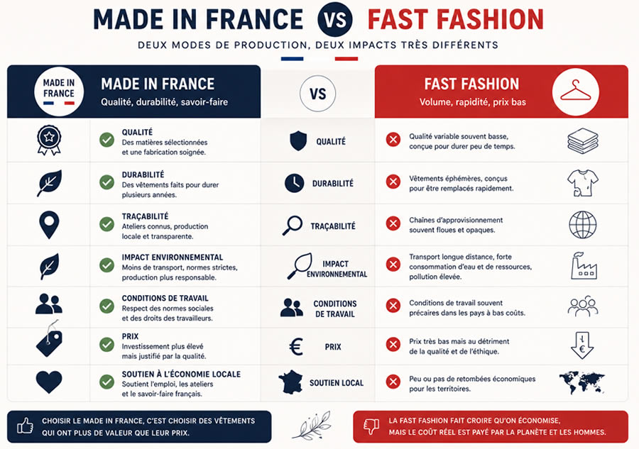 Made in France vs Fast Fashion : quelles différences ? Infographie comparant les vêtements Made in France et la Fast Fashion selon la qualité, la durabilité, la traçabilité, l'impact environnemental, les conditions de travail, le prix et le soutien à l'économie locale.