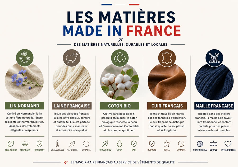 Les matières emblématiques du Made in France Infographie présentant les principales matières utilisées dans les vêtements Made in France : lin normand, laine française, coton biologique, cuir français et maille française.