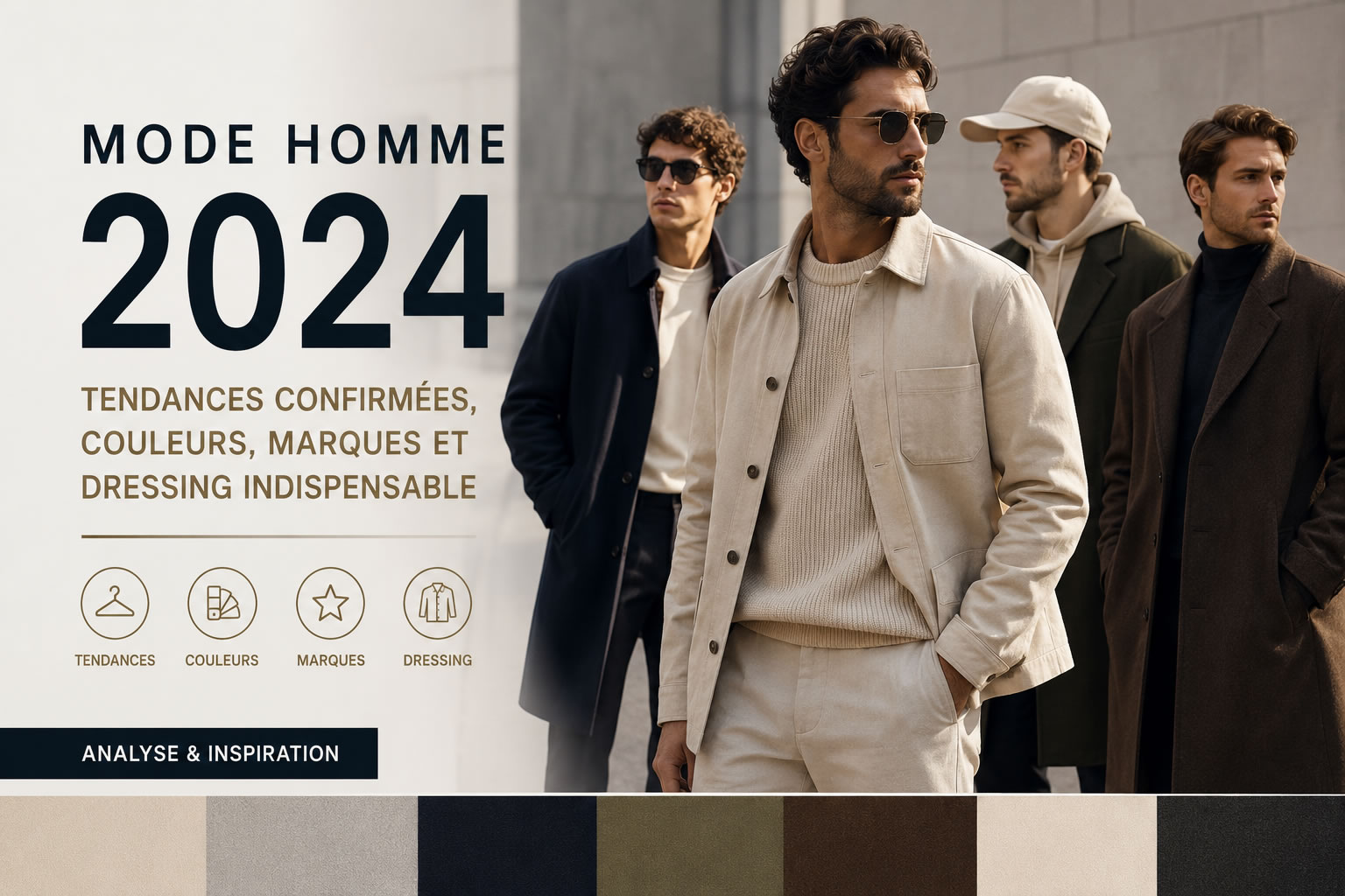 Illustration de la mode homme 2024 avec plusieurs hommes portant les principales tendances masculines de l'année : tailoring décontracté, tons neutres et style minimaliste.