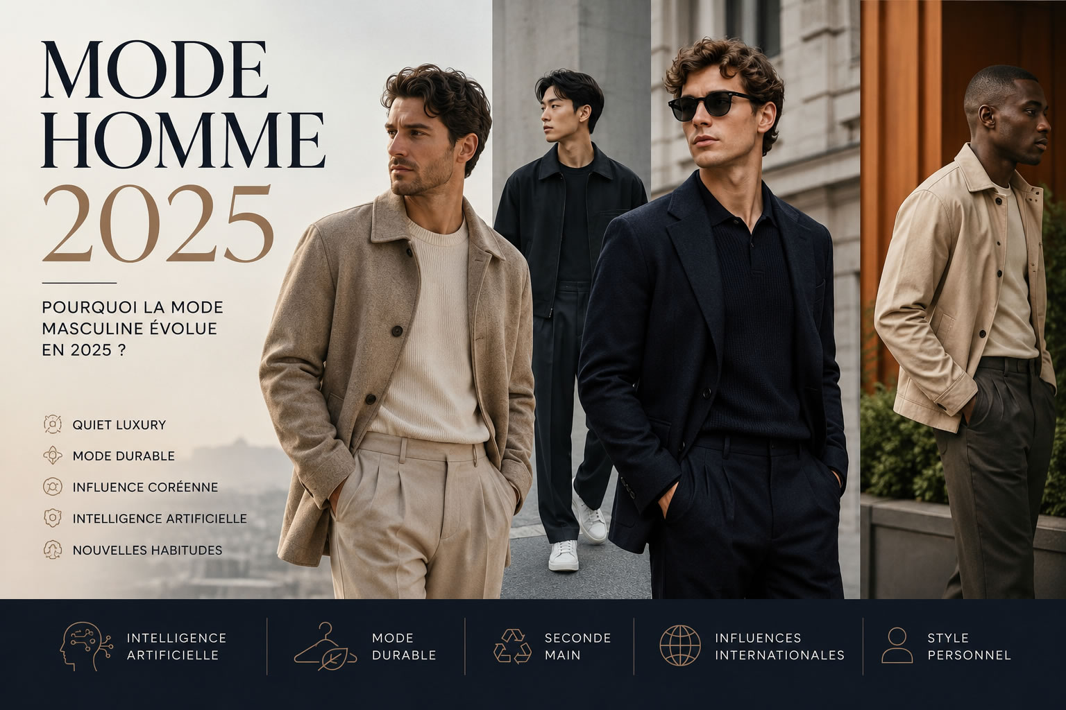 Mode homme 2025 : les nouvelles influences du vestiaire masculin Illustration représentant la mode homme 2025 avec des silhouettes masculines modernes inspirées par le quiet luxury, la mode durable et les influences asiatiques.