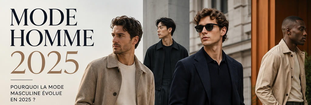 Hommes portant les principales influences de la mode masculine en 2025 : tailoring moderne, quiet luxury, couleurs sobres, mode durable et style inspiré des tendances internationales.