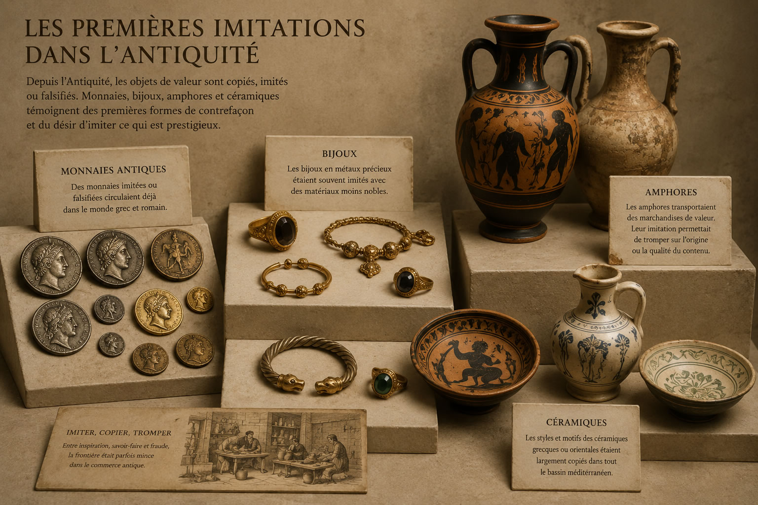 Les premières imitations dans l'Antiquité : monnaies, bijoux, amphores et céramiques Reconstitution en style musée présentant les premières contrefaçons de l'Antiquité avec des monnaies antiques, bijoux, amphores et céramiques imités.