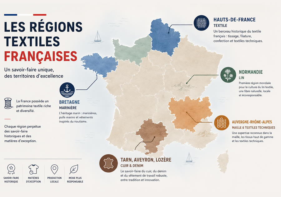 Les régions textiles françaises - Carte du savoir-faire Made in France Carte des principales régions textiles françaises présentant les Hauts-de-France, la Normandie, la Bretagne, l’Auvergne-Rhône-Alpes ainsi que le Tarn, l’Aveyron et la Lozère, avec leurs spécialités textiles et savoir-faire Made in France.