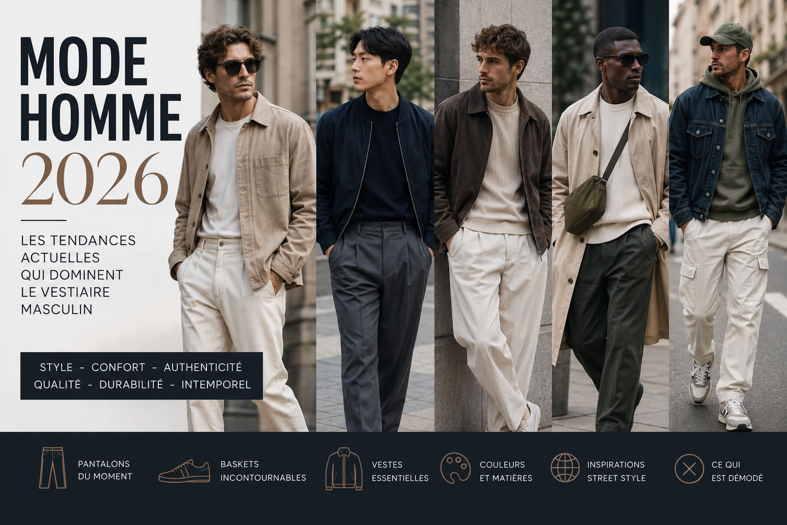 Illustration représentant plusieurs hommes portant les tendances mode masculine 2026 : jean droit, blazer déstructuré, sneakers minimalistes, couleurs naturelles et style contemporain.