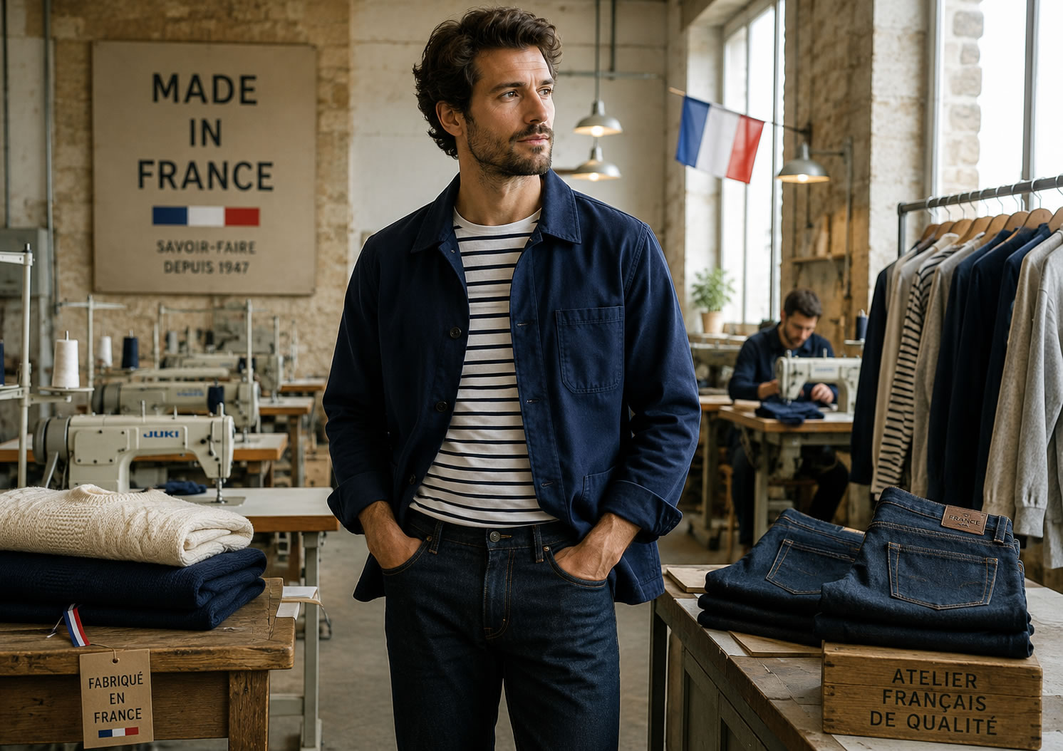Homme portant une veste de travail, une marinière et un jean Made in France dans un atelier textile français illustrant le savoir-faire de la mode masculine française.