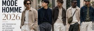 Montage présentant plusieurs hommes portant les principales tendances de la mode masculine en 2026 : pantalons droits, vestes casual chic, sneakers sobres et couleurs naturelles.