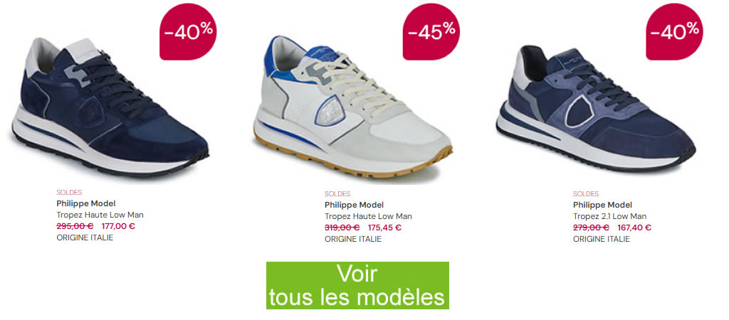 Baskets Philippe Model homme Tropez – Sneakers de luxe italiennes en promotion Sélection de trois baskets Philippe Model homme Tropez Low en bleu et blanc avec réductions allant jusqu'à -45 %.