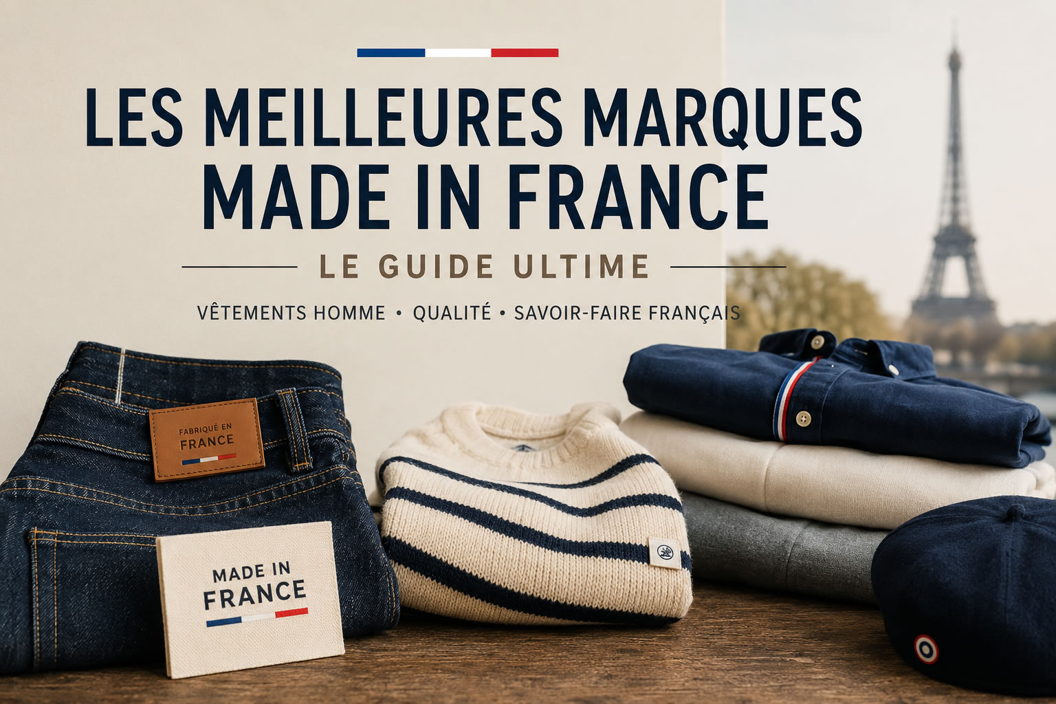 Les meilleures marques de vêtements homme Made in France Sélection des meilleures marques de vêtements homme Made in France avec jeans, marinière, chemise et accessoires illustrant le savoir-faire textile français.