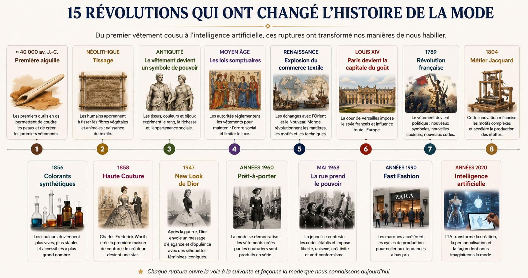 Les 15 grandes révolutions qui ont changé l'histoire de la mode Infographie présentant les 15 grandes révolutions qui ont transformé l'histoire de la mode, de la première aiguille préhistorique à l'intelligence artificielle, en passant par la Révolution française, la révolution industrielle, la Haute Couture, le prêt-à-porter, Mai 68 et la fast fashion.