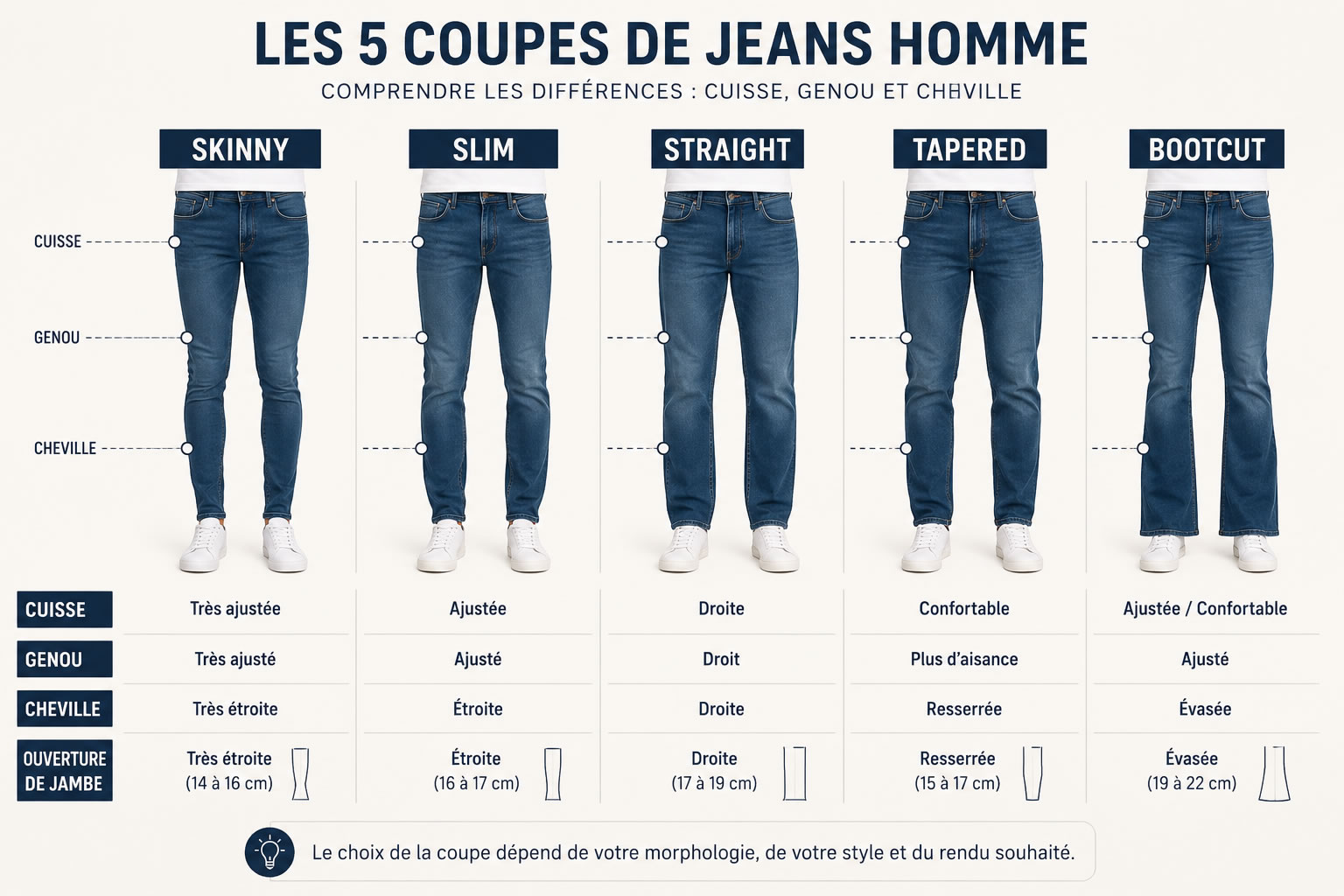 Infographie comparant les 5 coupes de jeans homme Skinny, Slim, Straight, Tapered et Bootcut au niveau des cuisses, genoux et chevilles