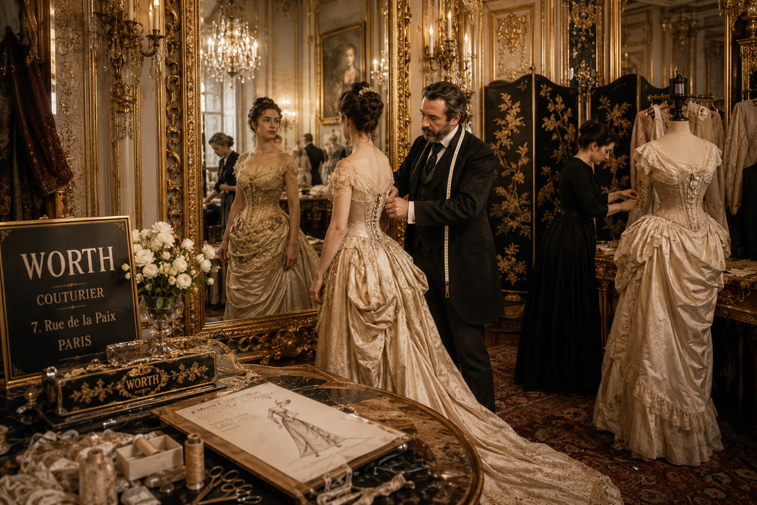 Charles Frederick Worth : la naissance de la haute couture à Paris Charles Frederick Worth dans son atelier parisien réalisant l'essayage d'une robe de haute couture sur une cliente devant de grands miroirs, entouré de tissus luxueux et de créations raffinées.