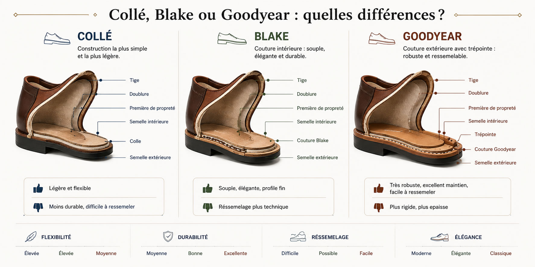 Schéma comparatif des constructions de chaussures collée, Blake et Goodyear avec semelle, couture et trépointe