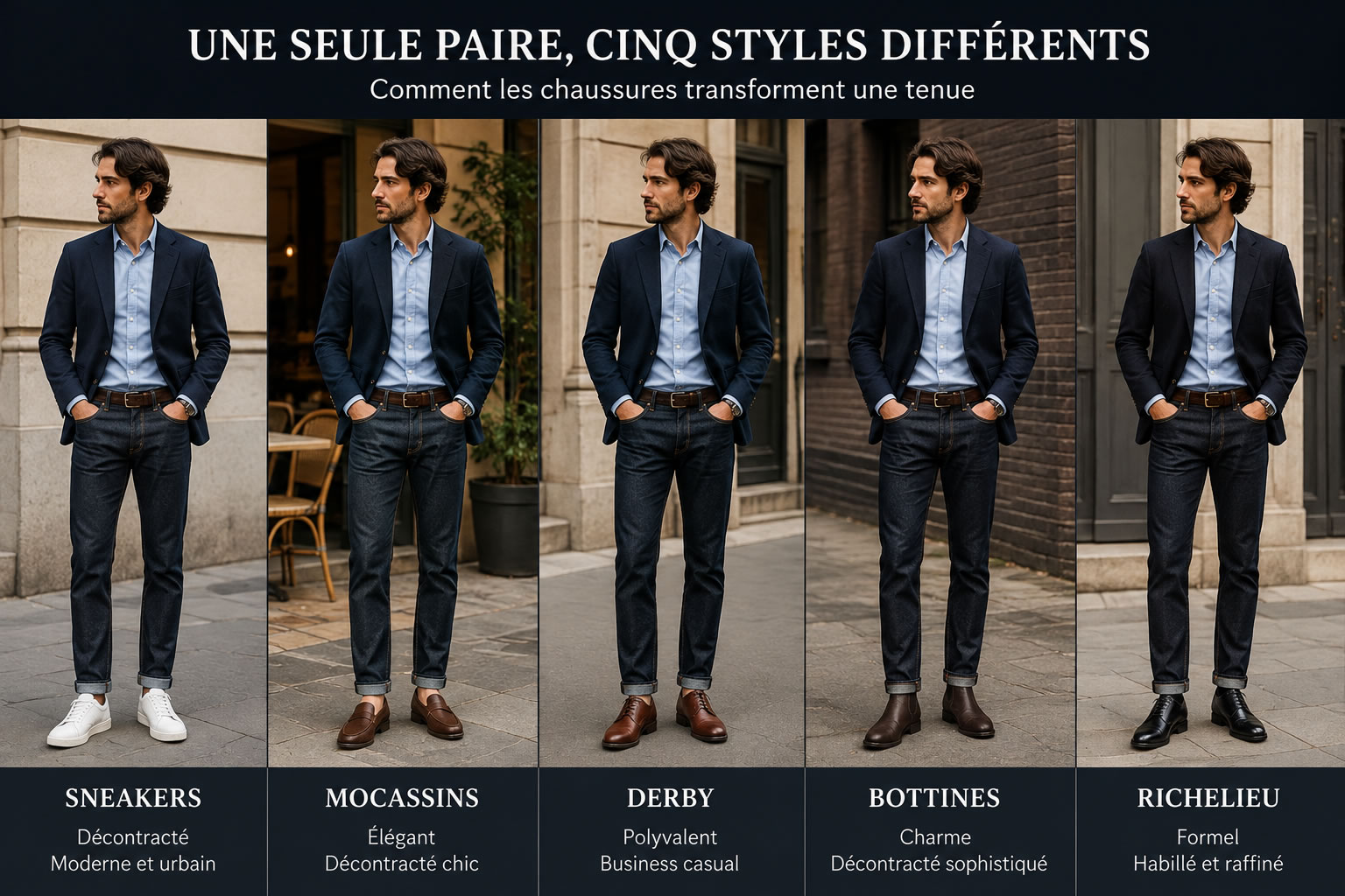 Même tenue homme portée avec sneakers, mocassins, Derby, bottines et Richelieu pour comparer cinq styles