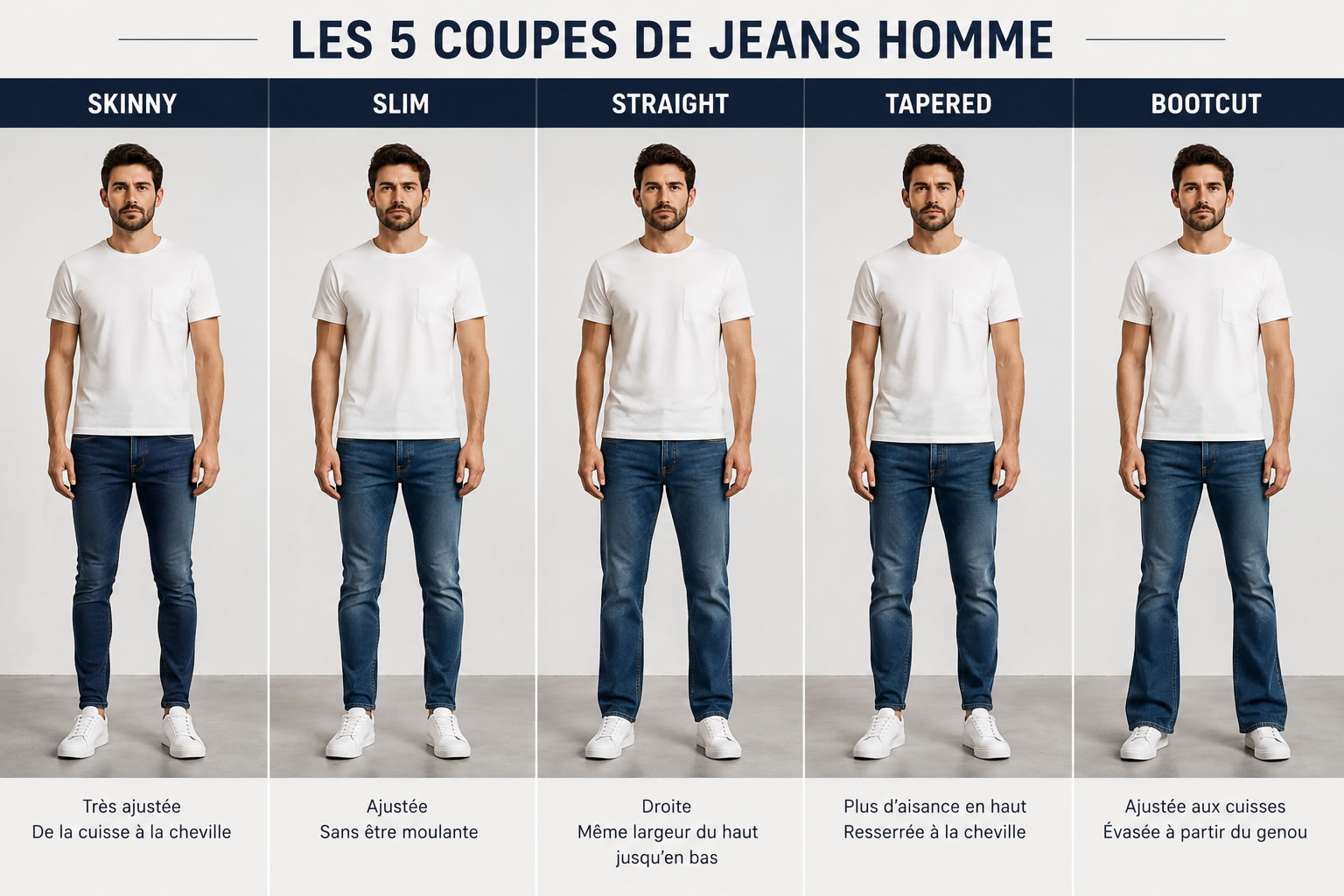 Même homme portant les 5 coupes de jeans Skinny, Slim, Straight, Tapered et Bootcut pour comparer leur silhouette