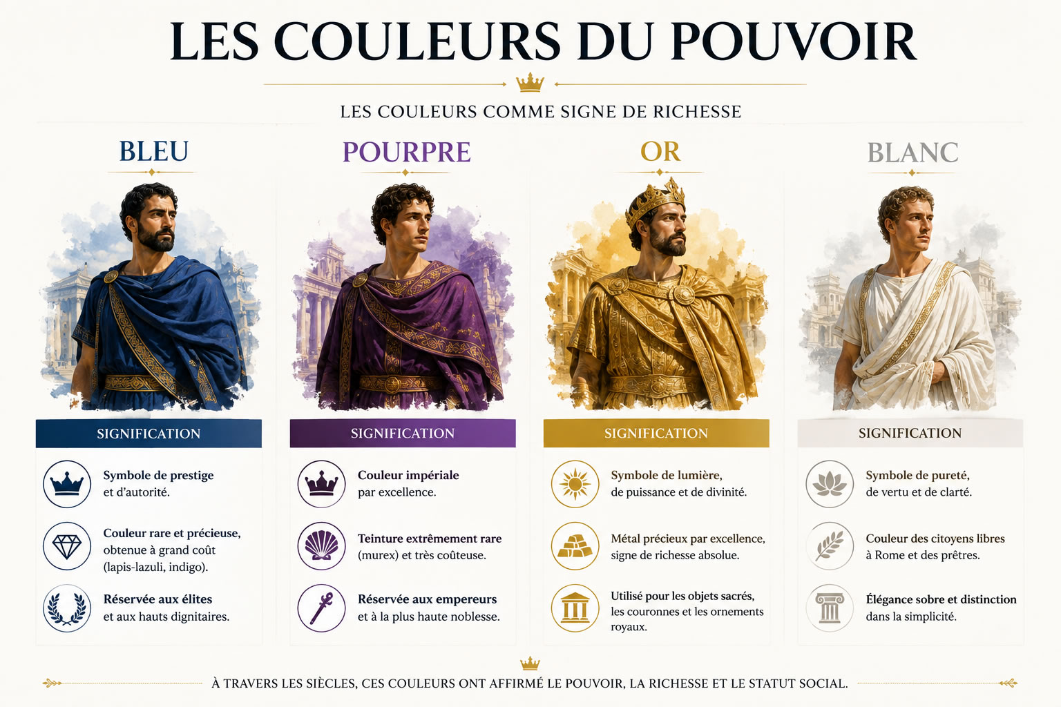 Les couleurs du pouvoir dans l’Antiquité : signification du bleu, du pourpre, de l’or et du blanc Infographie présentant les quatre couleurs symboliques du pouvoir dans l’Antiquité : bleu, pourpre, or et blanc, avec leur signification liée à la richesse, au prestige, à l’autorité et à la pureté.