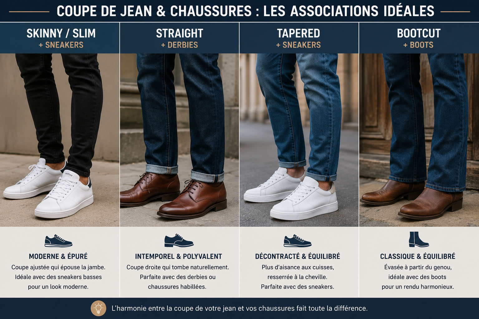 Comparatif des coupes de jeans homme avec chaussures : Skinny et Slim avec sneakers, Straight avec derbies, Tapered avec sneakers et Bootcut avec boots