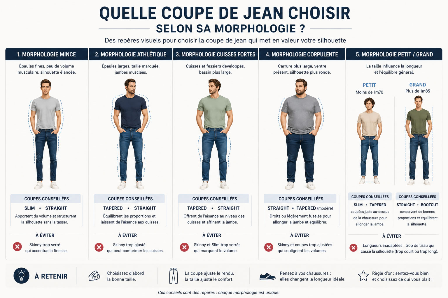 Infographie des coupes de jeans homme à choisir selon la morphologie : mince, athlétique, cuisses fortes, corpulente, petite ou grande