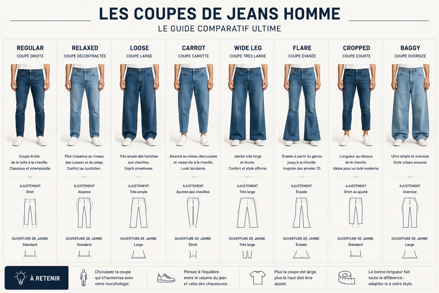 Comparatif des coupes de jeans homme Regular, Relaxed, Loose, Carrot, Wide Leg, Flare, Cropped et Baggy