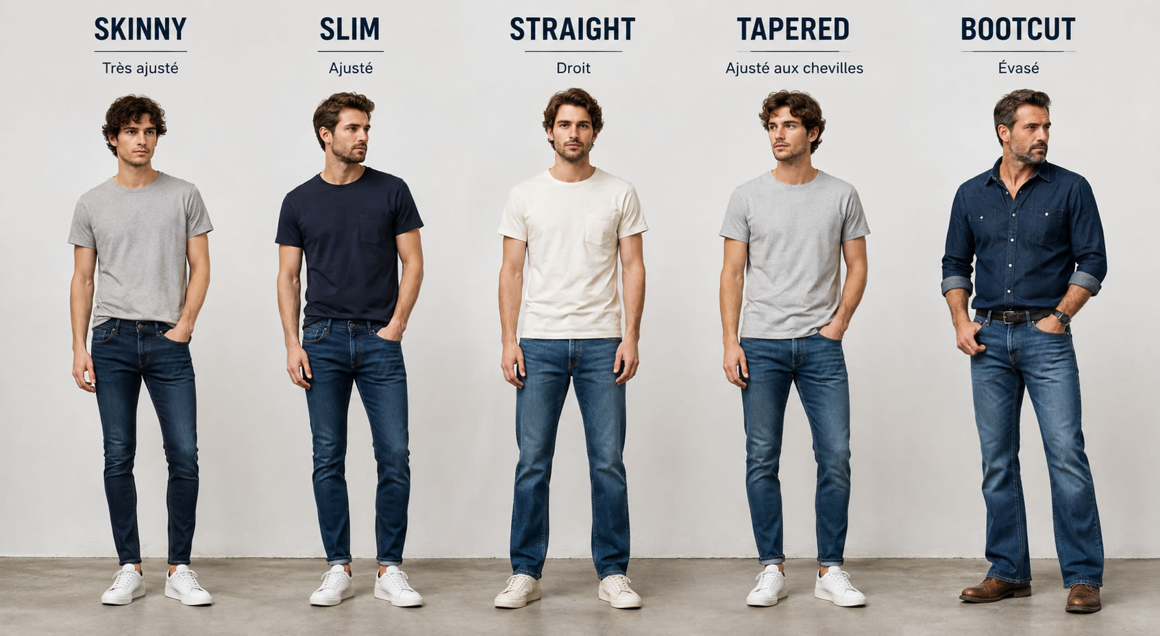 Comparatif des coupes de jeans homme Skinny, Slim, Straight, Tapered et Bootcut portées par cinq hommes