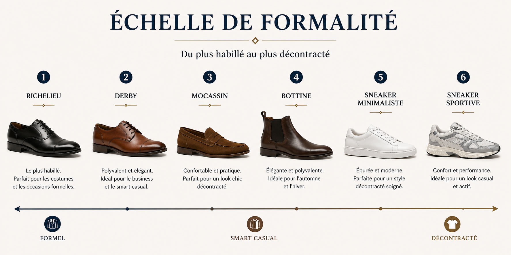 Échelle de formalité des chaussures homme du Richelieu au Derby, mocassin, bottine, sneaker minimaliste et sneaker sportive