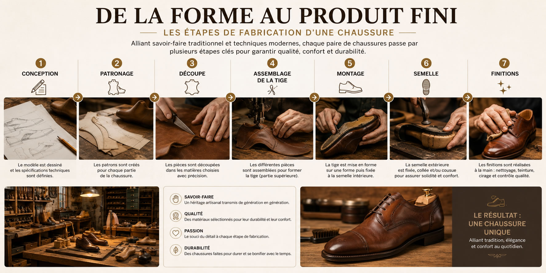 Infographie des 7 étapes de fabrication d’une chaussure : conception, patronage, découpe, assemblage de la tige, montage, pose de la semelle et finitions