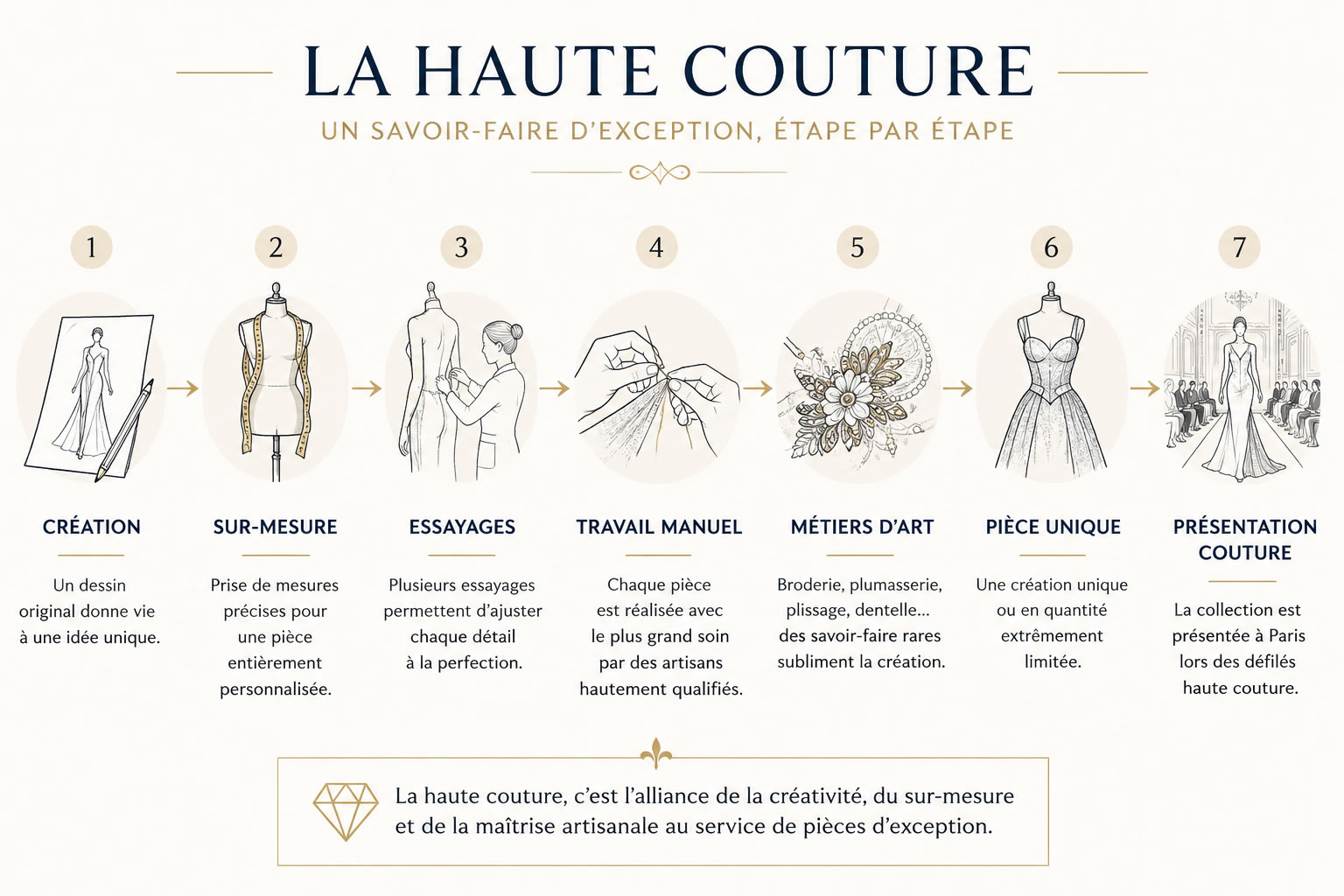 Infographie des étapes de la haute couture, de la création au sur-mesure, aux essayages, au travail manuel et aux métiers d’art