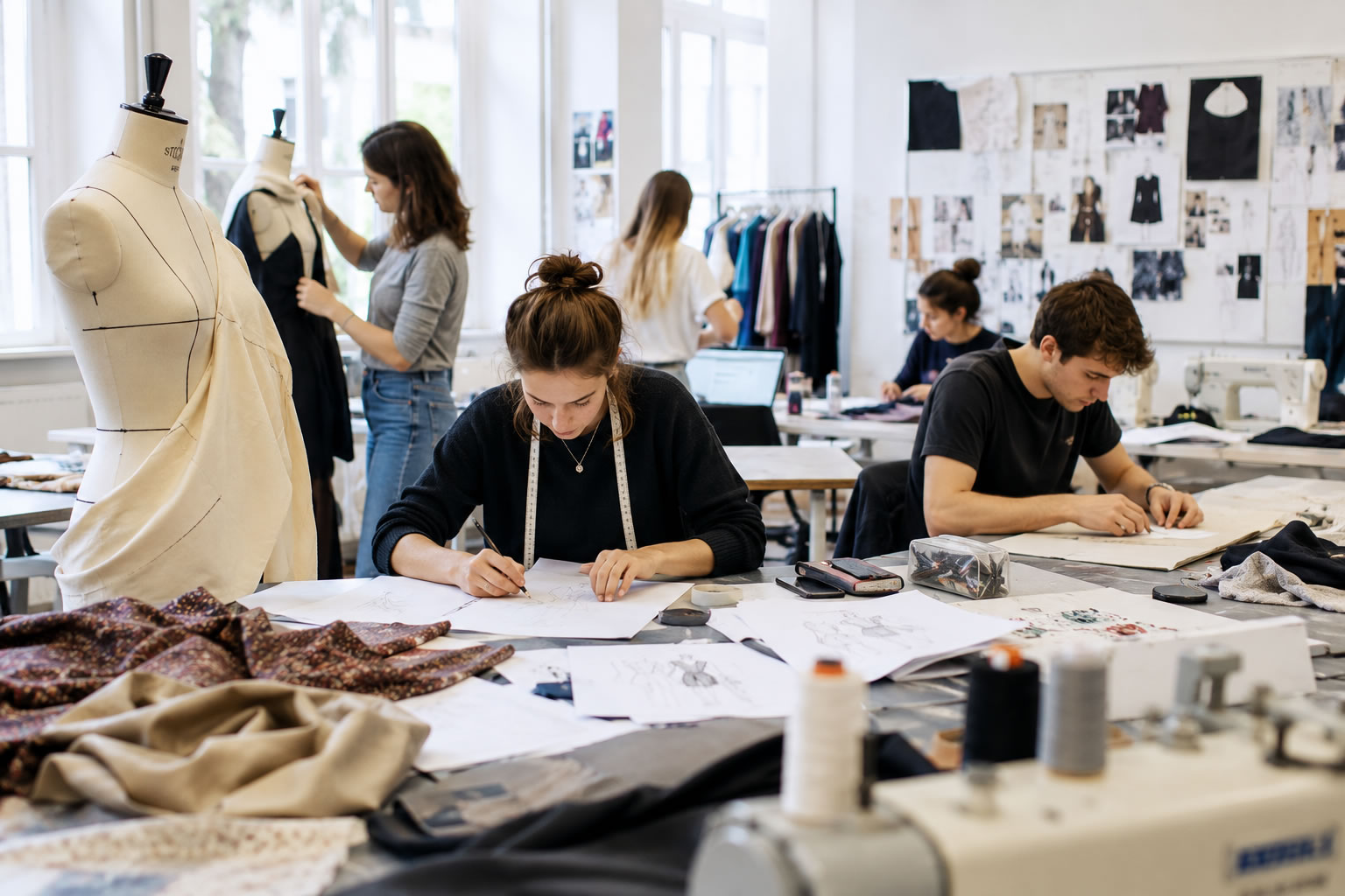 Étudiants en école de mode travaillant dans un atelier sur des croquis, patrons et tissus avec mannequins de couture et machines à coudre.