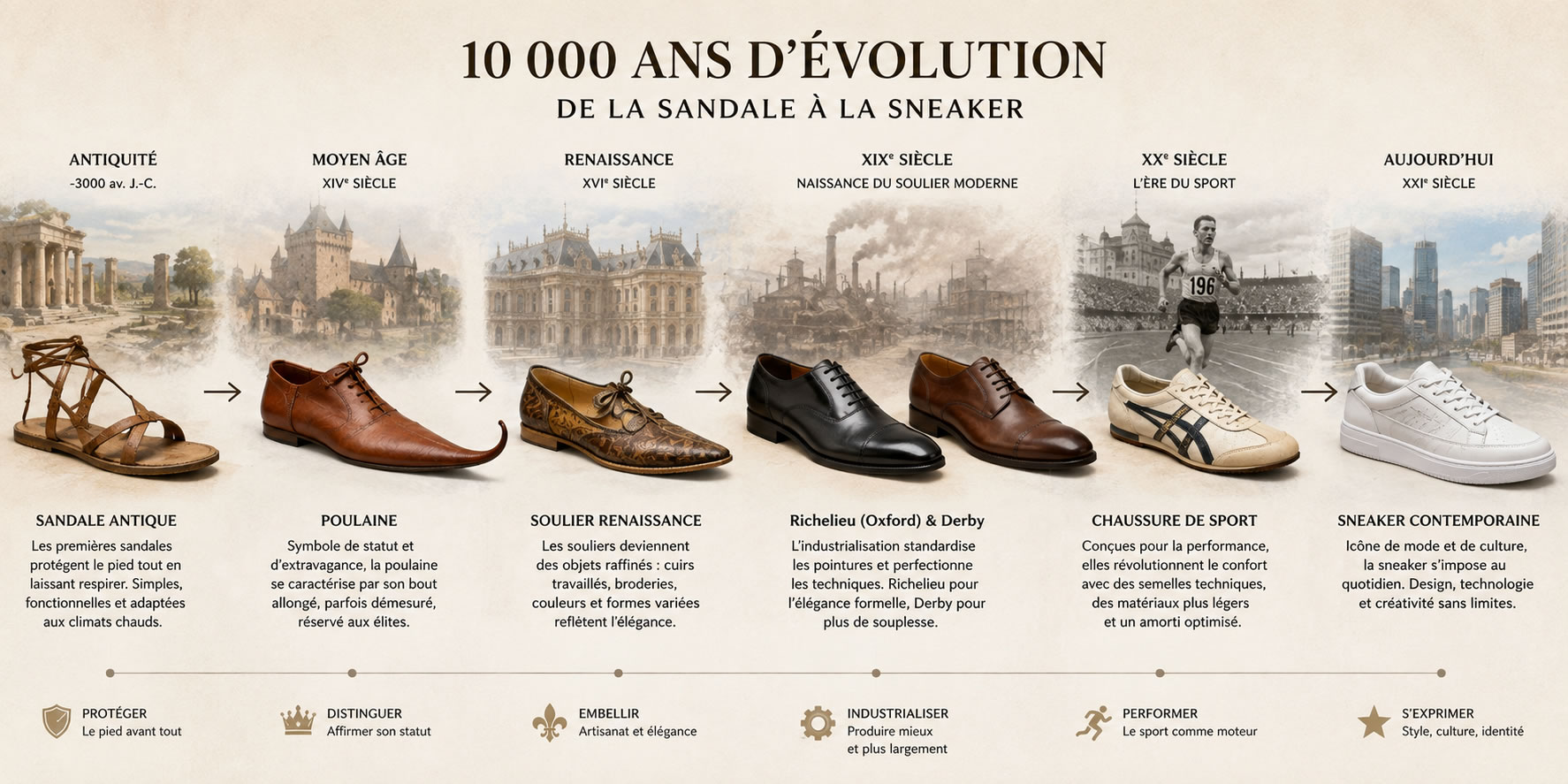 Frise chronologique de l’évolution de la chaussure, de la sandale antique à la sneaker contemporaine