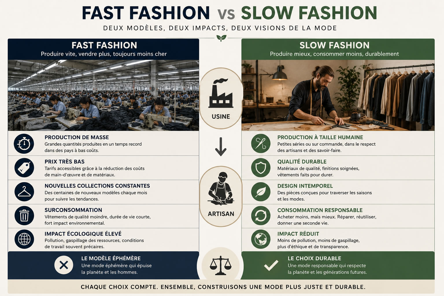 Fast Fashion vs Slow Fashion : comprendre les deux modèles de la mode Infographie comparant la Fast Fashion et la Slow Fashion avec une usine de production de masse d'un côté et un artisan confectionnant un vêtement de l'autre, illustrant les différences entre les deux modèles.