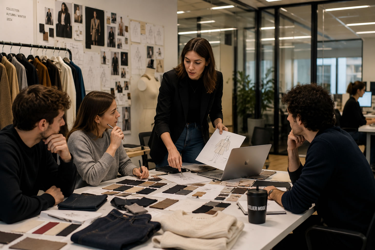 Jeunes professionnels en réunion dans une entreprise de mode travaillant sur une collection avec croquis, échantillons textiles et ordinateur.