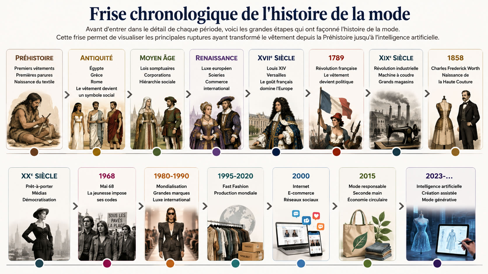 Frise chronologique de l'histoire de la mode : de la Préhistoire à l'intelligence artificielle Frise chronologique illustrant les grandes étapes de l'histoire de la mode, depuis les premiers vêtements de la Préhistoire jusqu'à l'intelligence artificielle, en passant par l'Antiquité, le Moyen Âge, la Renaissance, la Révolution française, la Haute Couture, le prêt-à-porter, Mai 68, la mondialisation et la mode durable.