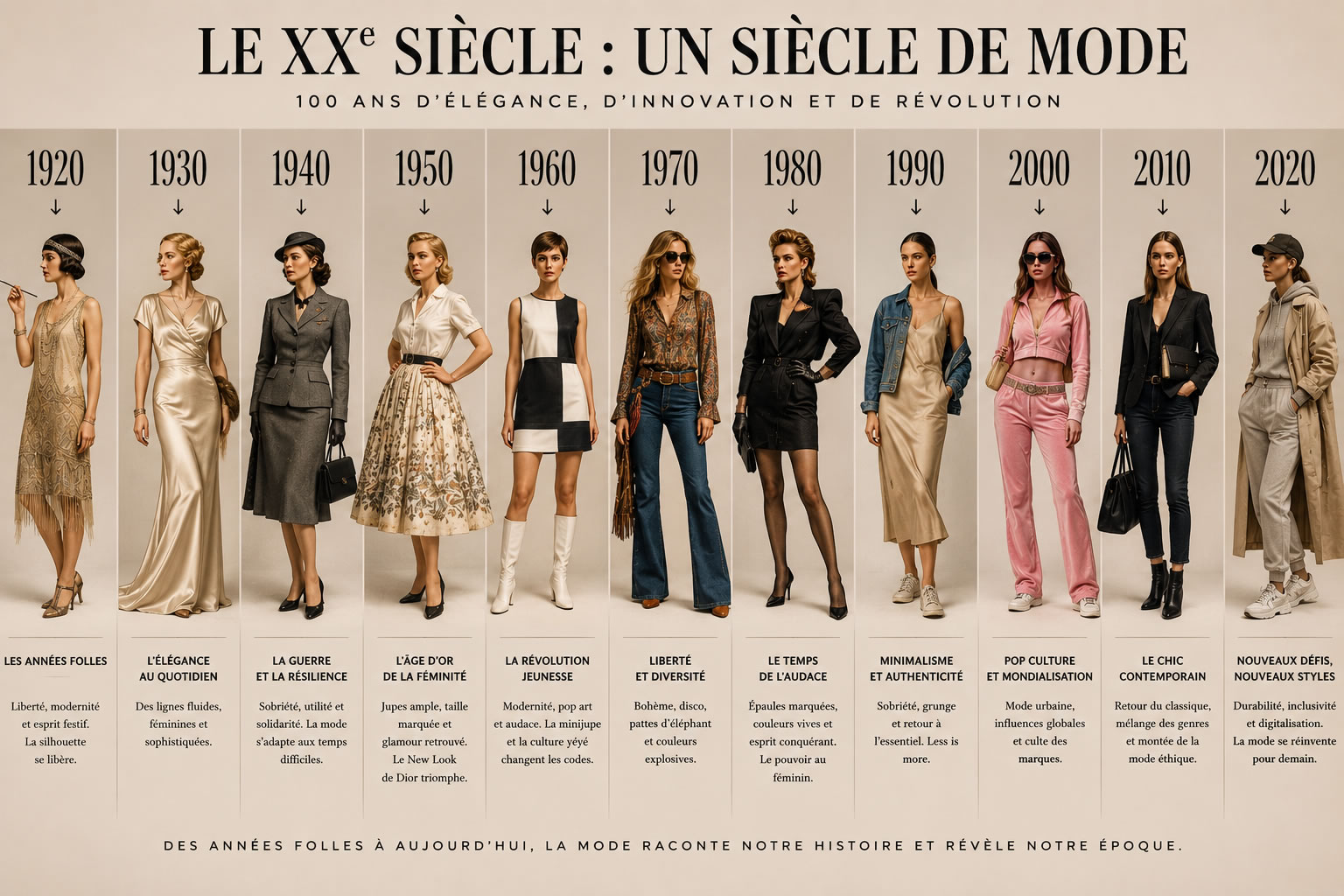 Frise chronologique de la mode au XXe siècle : une silhouette par décennie Grande frise chronologique illustrant l'évolution de la mode au XXe siècle avec une silhouette emblématique pour chaque décennie, des Années folles des années 1920 jusqu'aux tendances contemporaines.