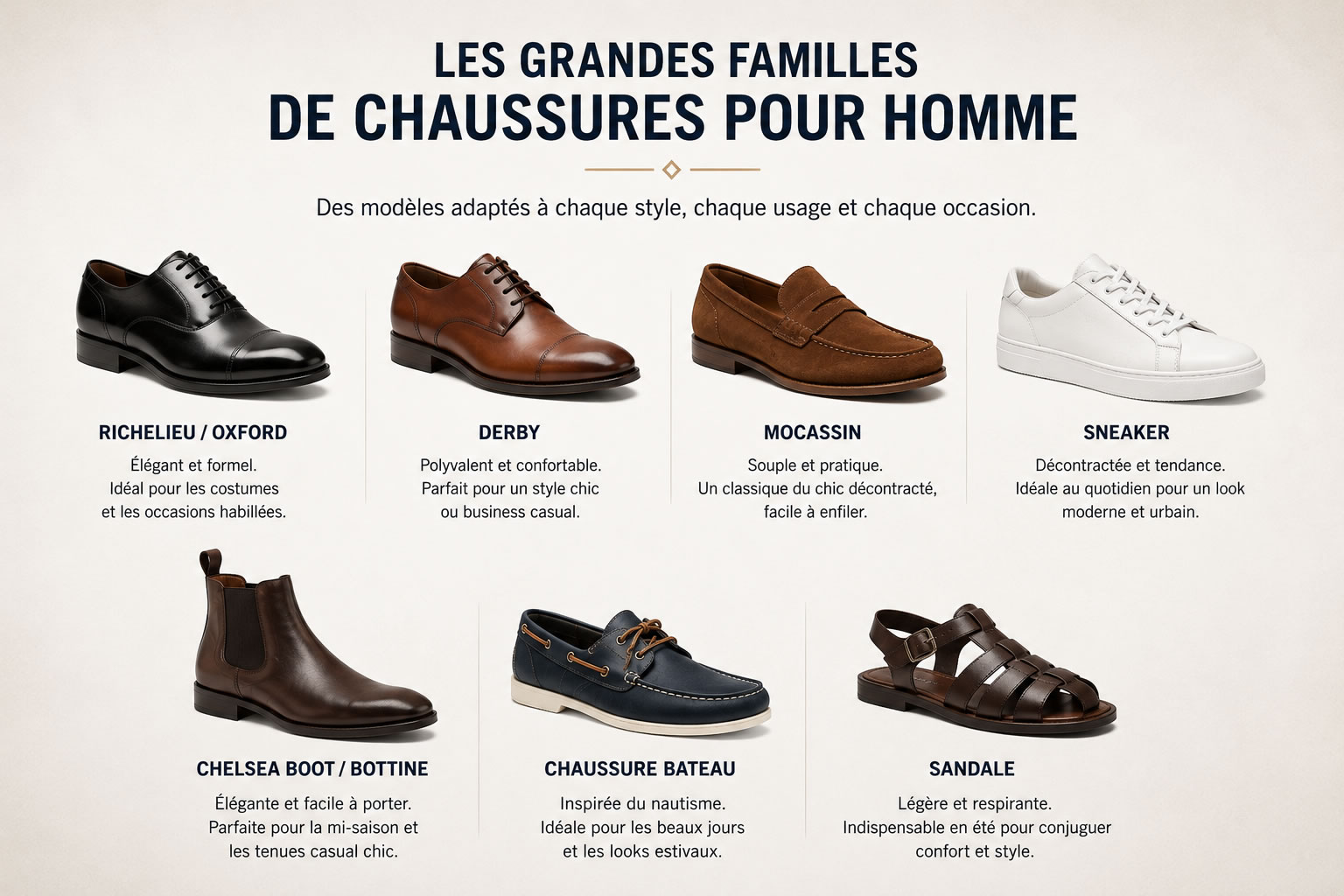 Les grandes familles de chaussures pour homme : Richelieu, Derby, mocassin, sneaker, Chelsea boot, chaussure bateau et sandale