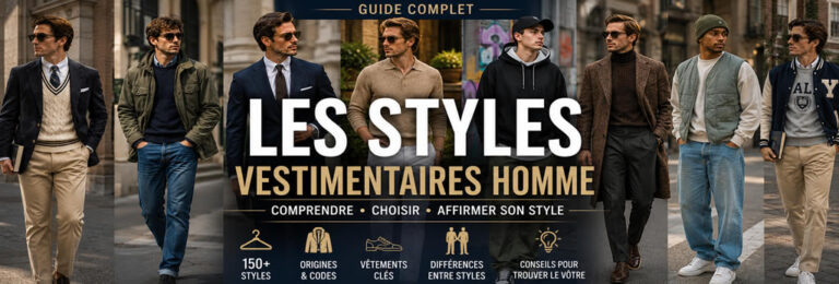Image de couverture présentant plusieurs hommes portant différents styles vestimentaires masculins, du classique au streetwear, illustrant un guide complet des styles vestimentaires homme, de la mode masculine et des looks adaptés à chaque personnalité.