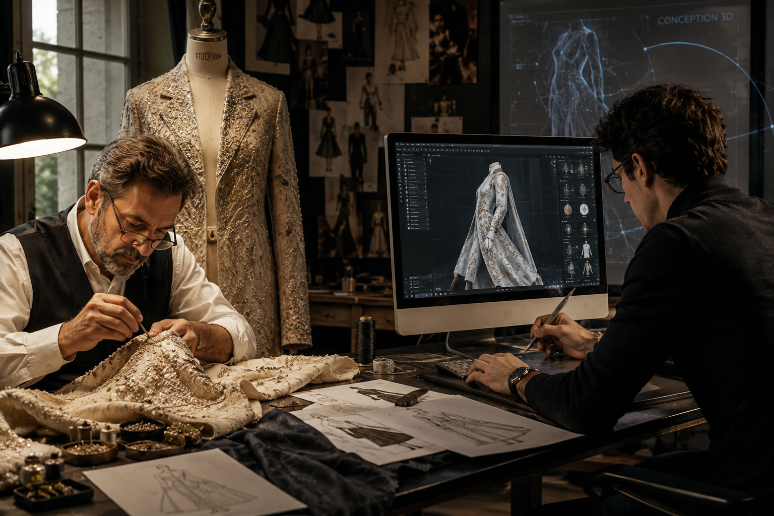 Artisan travaillant à la main une création de haute couture pendant qu’un designer conçoit un vêtement en 3D sur ordinateur