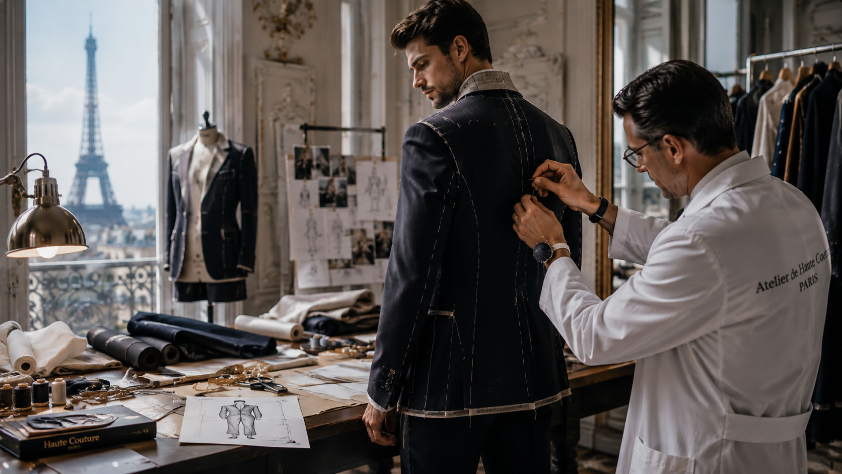 Homme lors d’un essayage sur mesure avec un couturier dans un atelier de haute couture à Paris