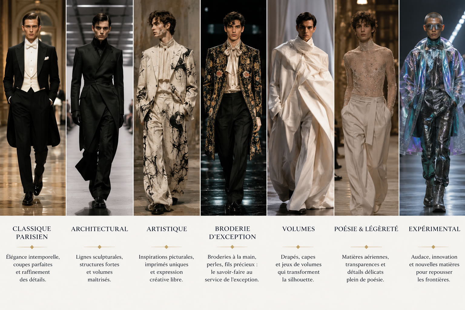 Sept silhouettes masculines illustrant différents univers de haute couture : classique parisien, architectural, artistique, broderie, volumes, poésie et expérimental