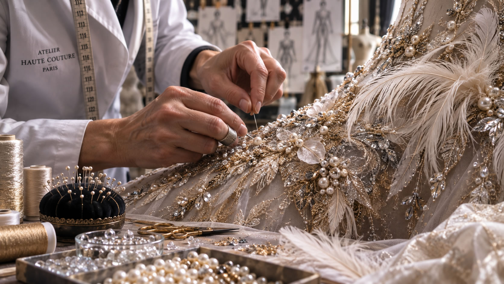 Mains d’un artisan réalisant à la main des broderies, perles et plumes sur une création de haute couture